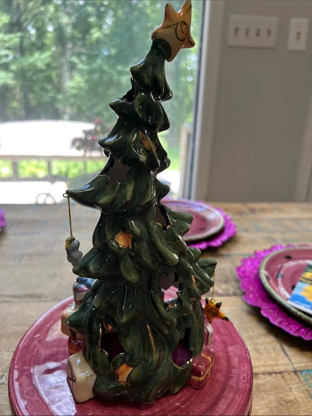 Blue Sky Green Ceramic Holiday Tree with Star Topper and Gift Accents